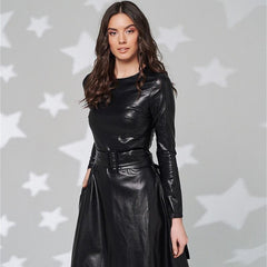 Fit And Flare Winter Dress a Line Pockets Pu Leather Midi Dress