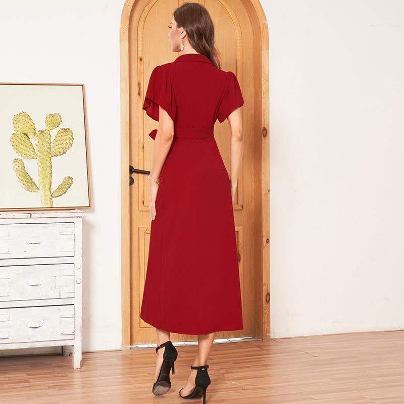 Summer New WomenFashion Solid Color Waist Temperament Feminine Long Over-the-knee Suit Collar Short-sleeved Stretch Dress