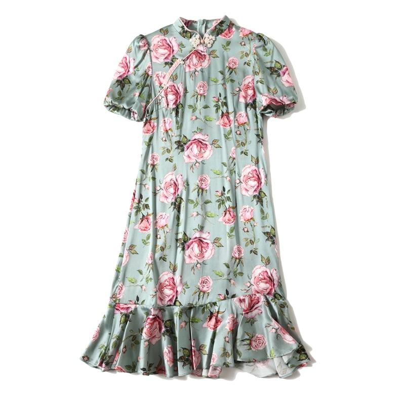 Vintage Stand Collar Short Sleeves Floral Printed Ruffles Elegant Dress Vestidos