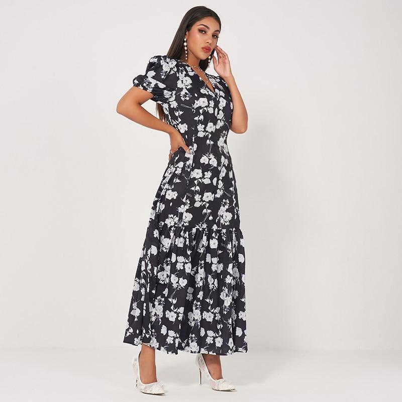 Summer New Fashion WomenRetro Long Waist Fishtail Slim-fit V-neck Lantern Sleeves Banquet Floral Sweet Dress