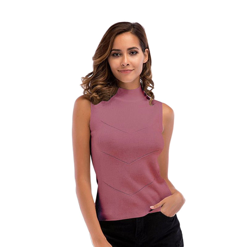 O Neck Top Turtleneck Sleeveless T-shirt Slim Knitted Vest Tee