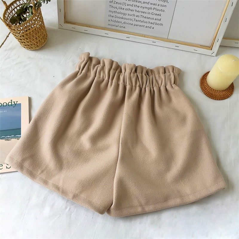 High Waist Wide Leg Black Shorts Casual Thicken Warm Ladies Woolen Shorts