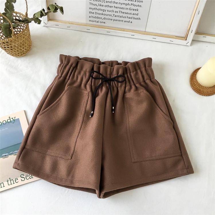 High Waist Wide Leg Black Shorts Casual Thicken Warm Ladies Woolen Shorts