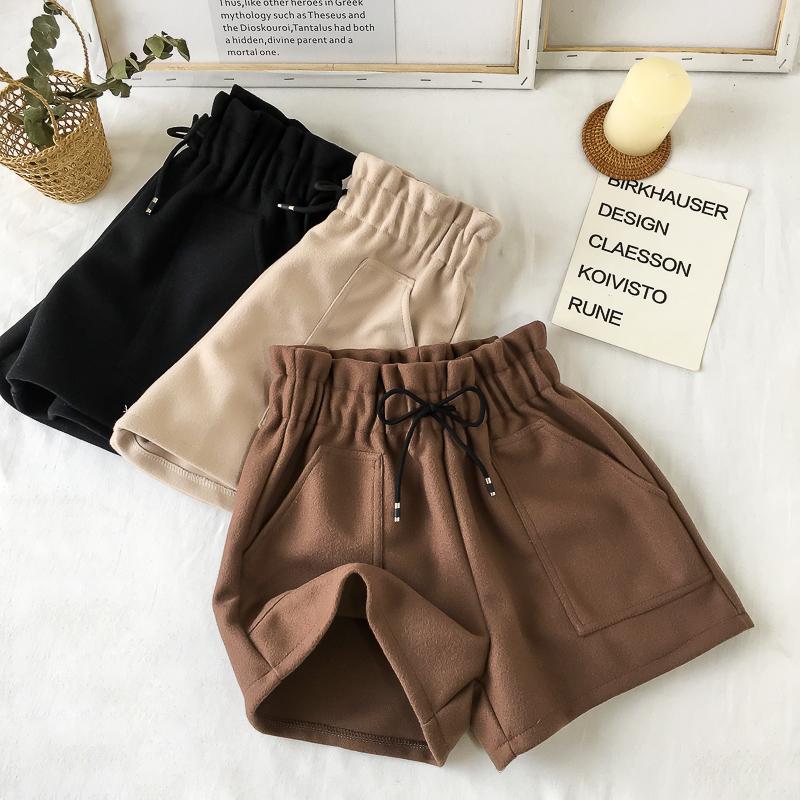 High Waist Wide Leg Black Shorts Casual Thicken Warm Ladies Woolen Shorts