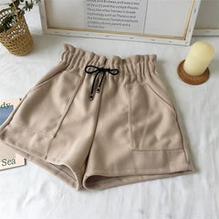 High Waist Wide Leg Black Shorts Casual Thicken Warm Ladies Woolen Shorts