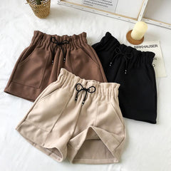 High Waist Wide Leg Black Shorts Casual Thicken Warm Ladies Woolen Shorts