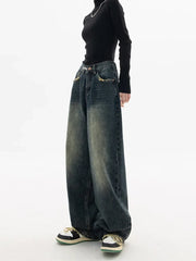 Harajuku Vintage Style Streetwear Loose Fashion Femme Wide Leg Denim Jeans