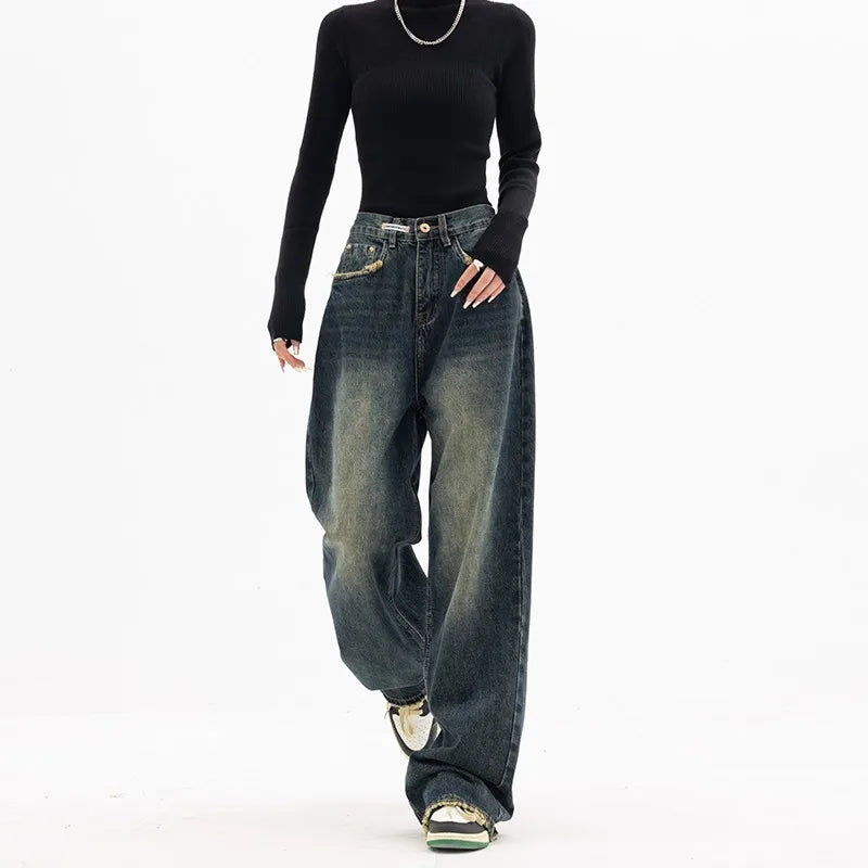 Harajuku Vintage Style Streetwear Loose Fashion Femme Wide Leg Denim Jeans