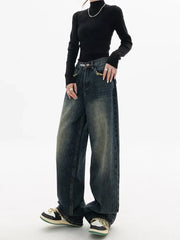 Harajuku Vintage Style Streetwear Loose Fashion Femme Wide Leg Denim Jeans