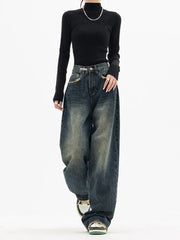 Harajuku Vintage Style Streetwear Loose Fashion Femme Wide Leg Denim Jeans