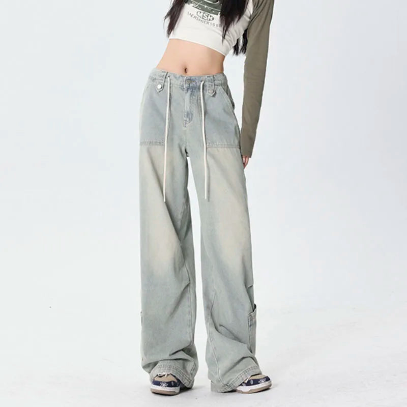 Washed Harajuku Drawstring Casual Floor-Length Denim Jeans