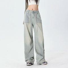 Washed Harajuku Drawstring Casual Floor-Length Denim Jeans
