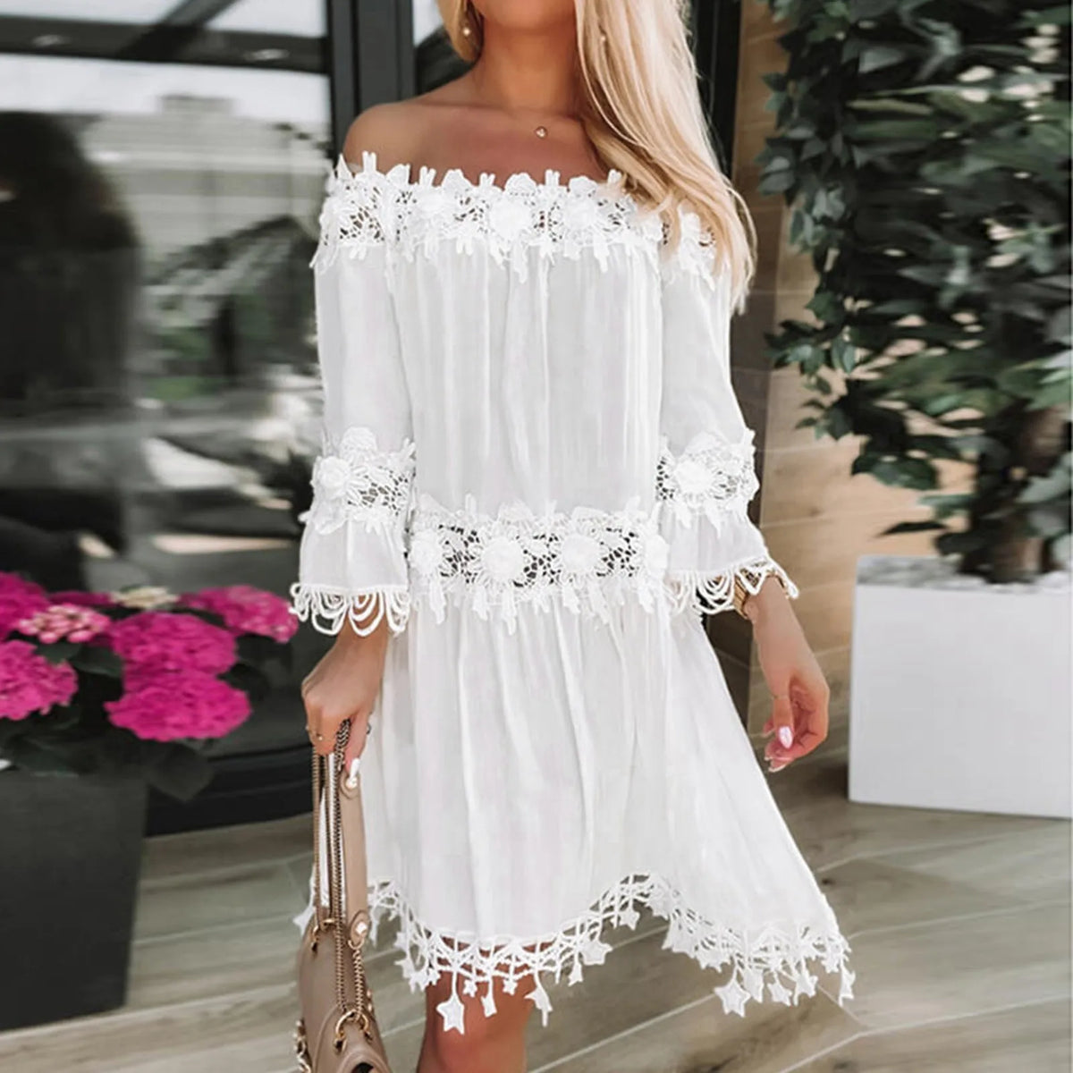 Holiday Sundress Off Shoulder V Neck Short Sleeve Beach Boho Dress