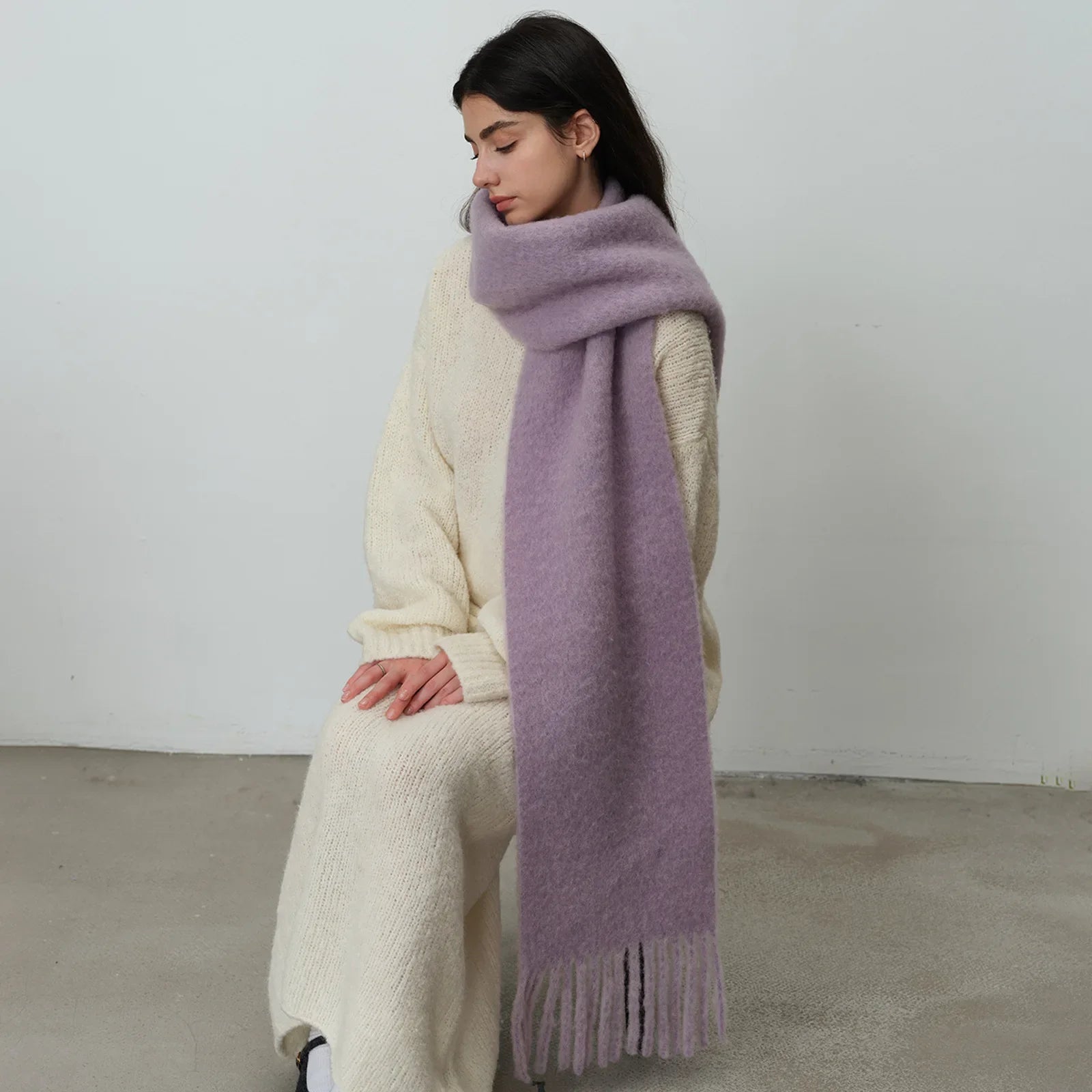 80% Wool Blend Solid Color Tassel Scarf for - Autumn Winter Collection