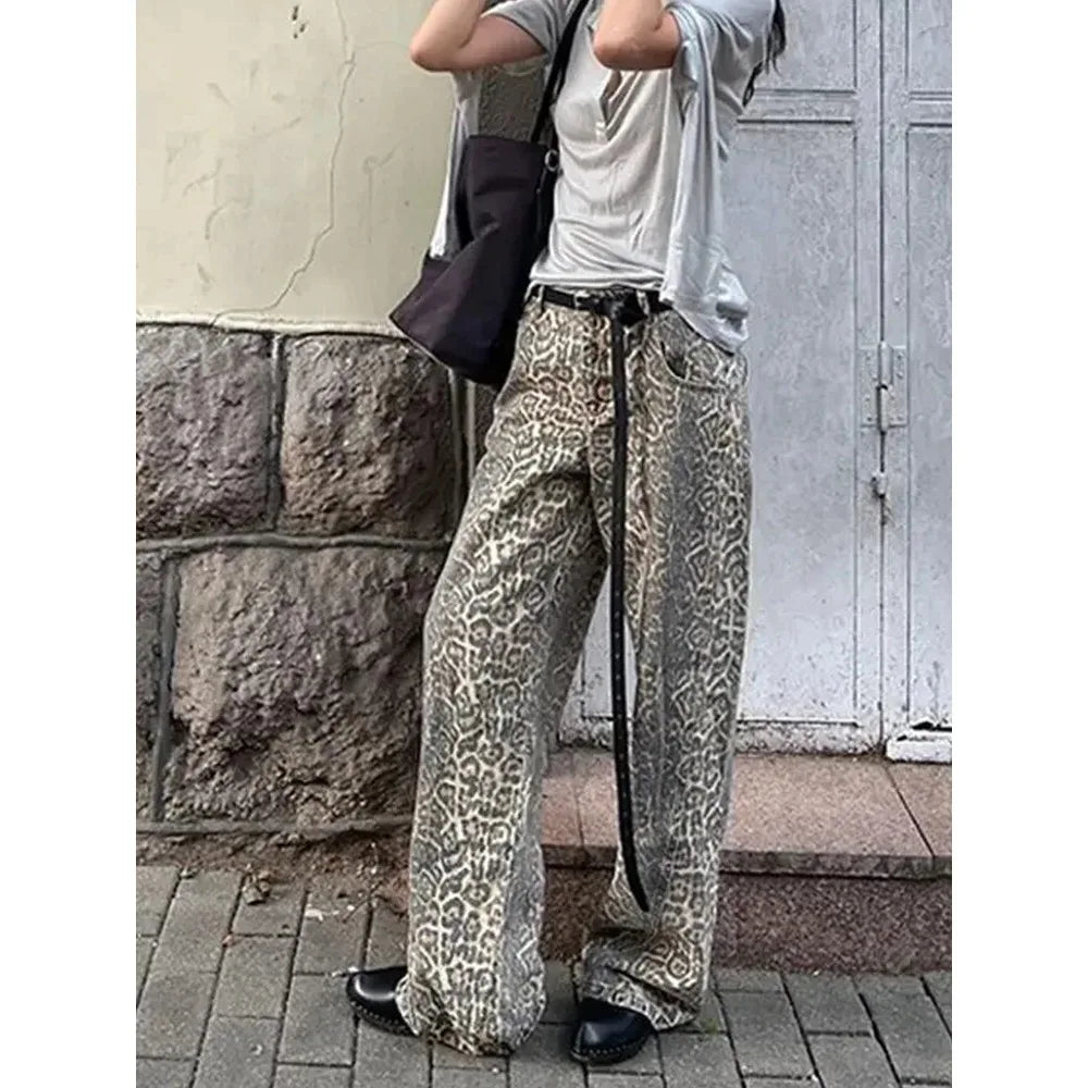 Girl American Leopard Print Retro Street Casual High Waist Trouser