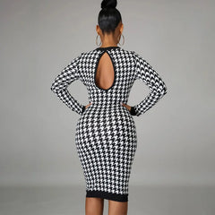 Houndstooth Print Long Sleeve Hollow Out Bodycon Streetwear Autumn Winter Club Elegant Slim Midi Dress