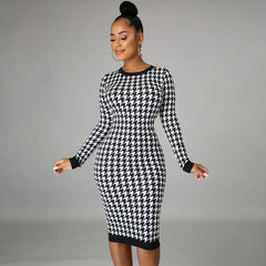 Houndstooth Print Long Sleeve Hollow Out Bodycon Streetwear Autumn Winter Club Elegant Slim Midi Dress