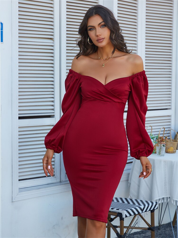 Pure Classic V-Neck Off Shoulder Bodycon Party Dress
