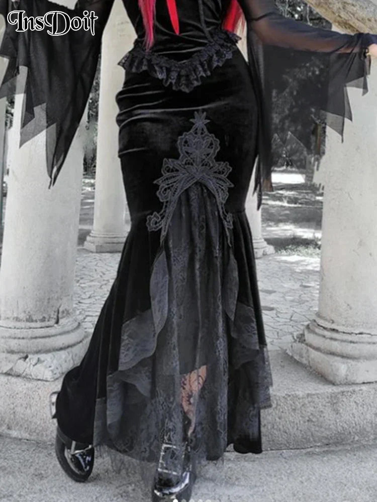 Mall Goth High Waist Ruffle Fishtail Half Slim Fold Elastic Wrapped Hip Sweet Skirt