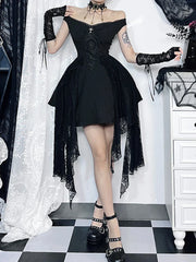 Gothic Folds Corsets A-Line Black Off Shoulder Ball Gown Grunge Vintage Aesthetic Harajuku Partywear Dress