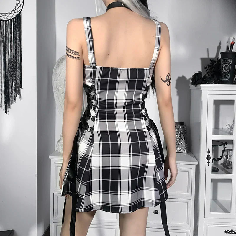Gothic Plaid Bandage Black Blue Vintage Sleeveless Zipper Sexy Punk Aesthetic Mini Dress