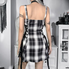 Gothic Plaid Bandage Black Blue Vintage Sleeveless Zipper Sexy Punk Aesthetic Mini Dress