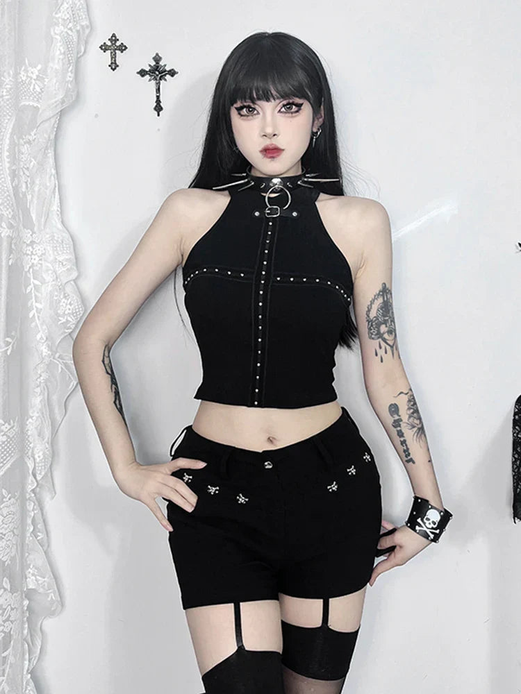 Gothic Punk Black Knit Bodycon Summer Darkness Harajuku Sleeveless Halter Crop Top