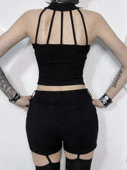 Gothic Punk Black Knit Bodycon Summer Darkness Harajuku Sleeveless Halter Crop Top