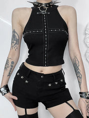 Gothic Punk Black Knit Bodycon Summer Darkness Harajuku Sleeveless Halter Crop Top