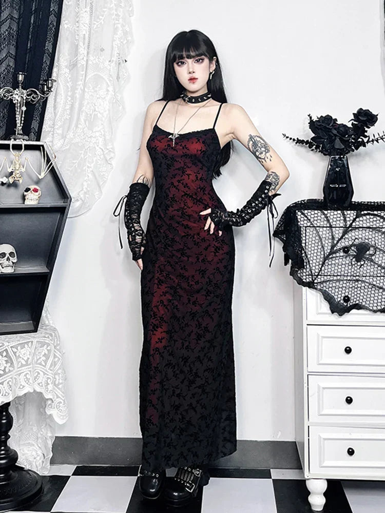 Floral Flocking Sleeveless Lolita Fairy Vintage Witchy Camisole Grunge Harajuku Dress