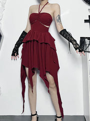 Halter Neck Sleeveless Ruched Bodycon Asymmetrical A-Line Hem Party Cocktail Mini Dress