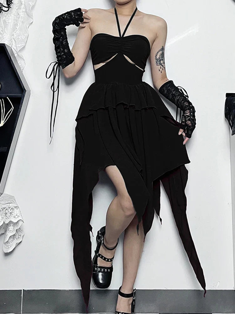 Halter Neck Sleeveless Ruched Bodycon Asymmetrical A-Line Hem Party Cocktail Mini Dress