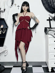 Halter Neck Sleeveless Ruched Bodycon Asymmetrical A-Line Hem Party Cocktail Mini Dress