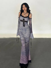 Gothic Lace Oversleeve Vintage V Neck Sleeveless Bodycon Halloween Cocktail Dress