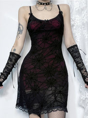 Gothic Lace Stretch Spaghetti Strap Spider Web Print Contrast Lace Cami Grunge Dress