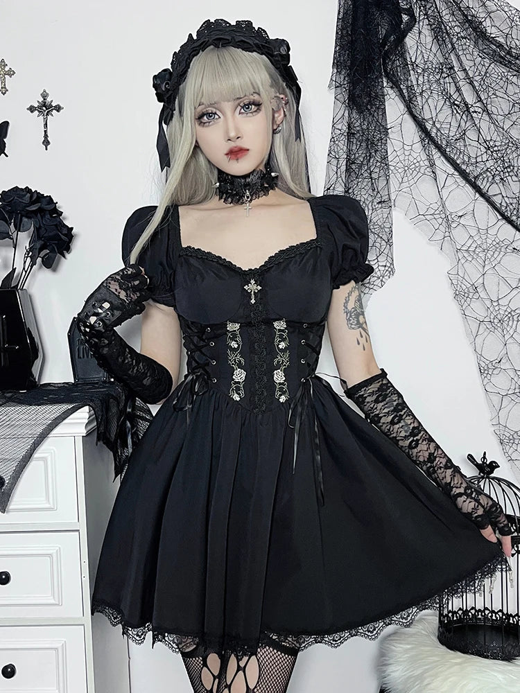 Gothic Black V Neck Lace Up Y2K Grunge Punk High Waist Lace Trim Party Dress