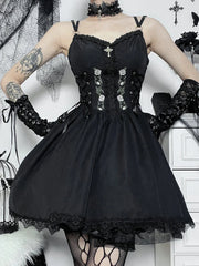 Gothic Black V Neck Lace Up Y2K Grunge Punk High Waist Lace Trim Party Dress