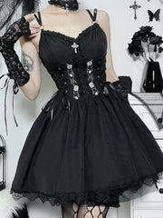 Gothic Black V Neck Lace Up Y2K Grunge Punk High Waist Lace Trim Party Dress