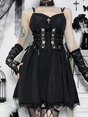 Gothic Black V Neck Lace Up Y2K Grunge Punk High Waist Lace Trim Party Dress