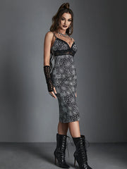 Spider Web Print Lace Trim Hollow Out V Neck Chest Wrapping Bodycon Dress