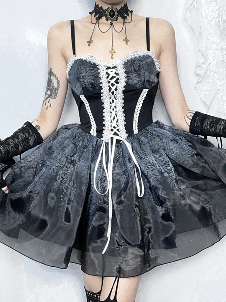 Gothic Spliced Printed Suspender Corset A Line Vintage Kawaii Mini Dress