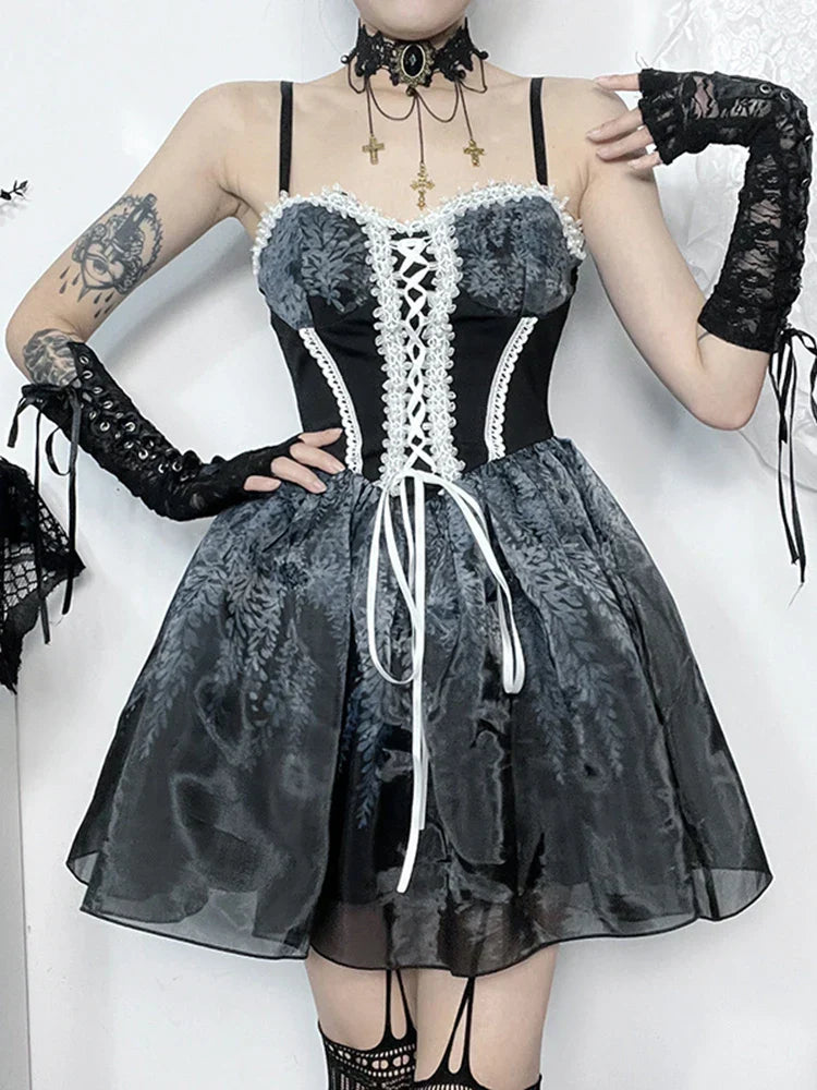Gothic Spliced Printed Suspender Corset A Line Vintage Kawaii Mini Dress