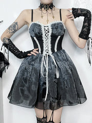 Gothic Spliced Printed Suspender Corset A Line Vintage Kawaii Mini Dress
