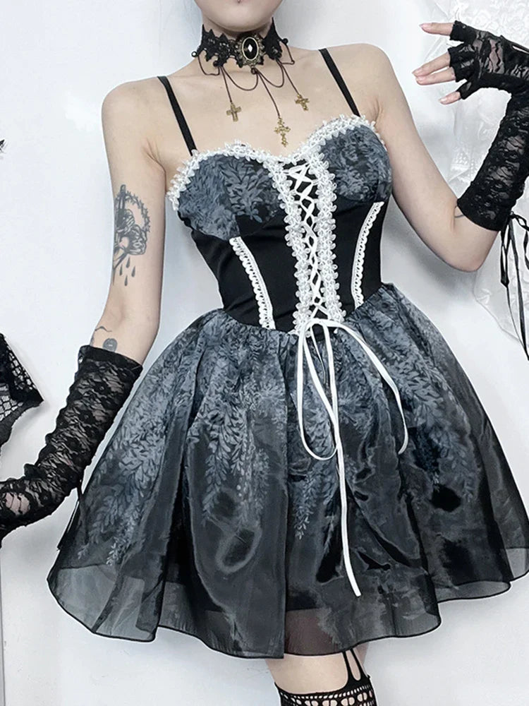 Gothic Spliced Printed Suspender Corset A Line Vintage Kawaii Mini Dress
