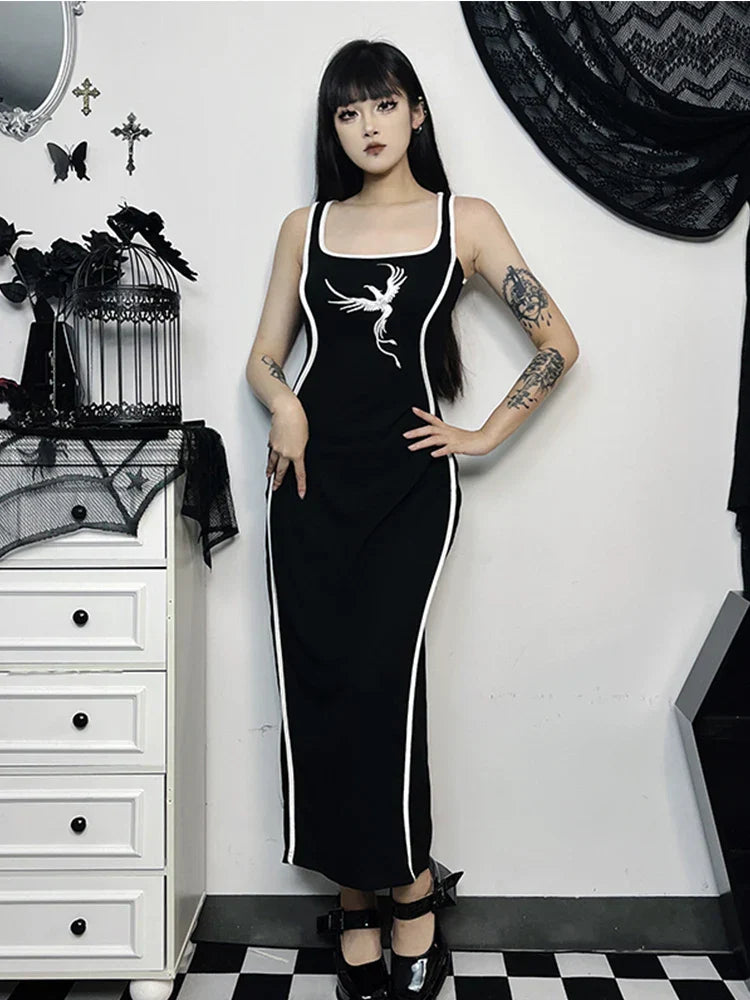 Gothic Square Neck Tank Sleeveless High Waist White Embroidery Bodycon Dress