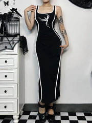 Gothic Square Neck Tank Sleeveless High Waist White Embroidery Bodycon Dress