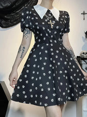 Gothic Turn Down Collar A-Line Punk Print Short Sleeve Swing Cloak Bodycon Dress