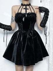 Velvet Criss-Cross Halter Vintage Draped Lace Sleeveless Bodycon Backless A-Line Dress