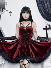 Gothic Velvet Vintage Spaghetti Strap Lace Up Romantic Casual Fashion Dress