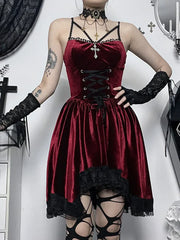 Gothic Velvet Vintage Spaghetti Strap Lace Up Romantic Casual Fashion Dress